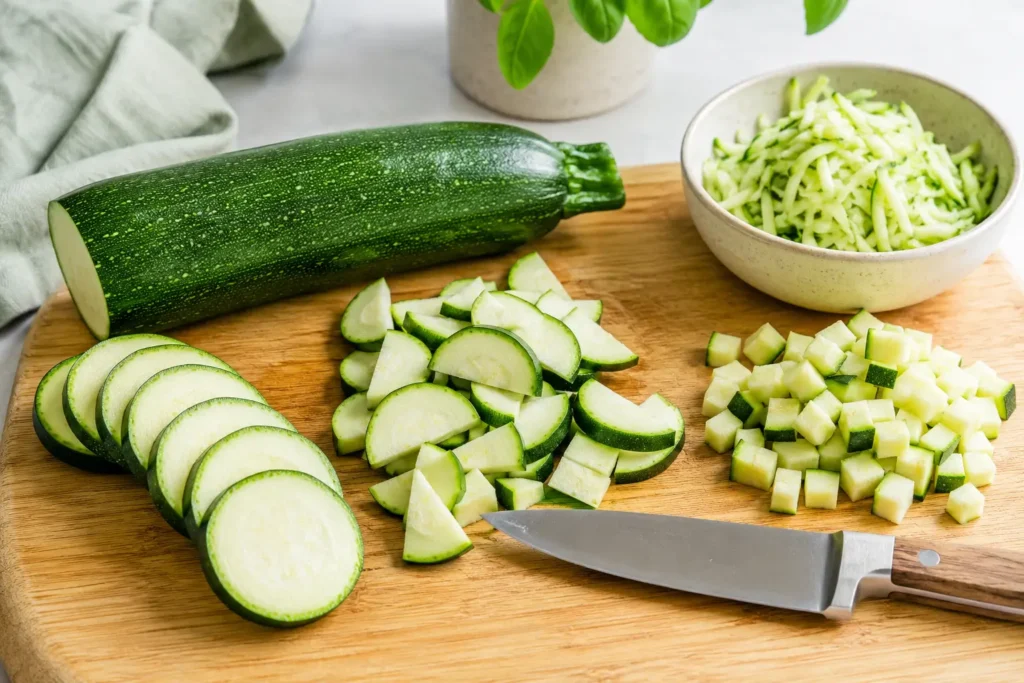 Zucchini vorbereiten mit geschnittenen Scheiben, Würfeln, Raspeln und ganzen Zucchini auf einem hellen Schneidebrett