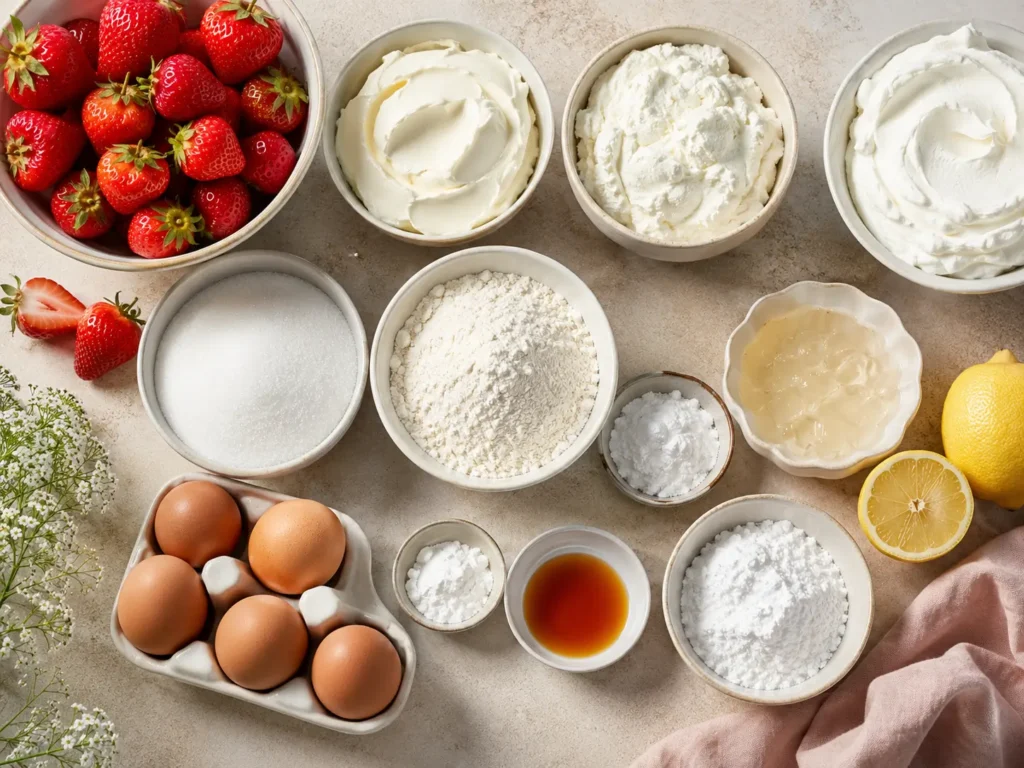 Zutaten für Erdbeertorte ohne Gelatine mit Erdbeeren Mascarpone Quark und Sahne
