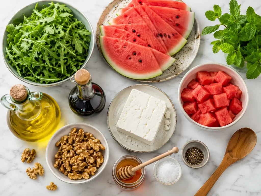 Zutaten für Feta Wassermelone Salat mit Rucola, Minze, Walnüssen, Olivenöl und hellem Balsamico