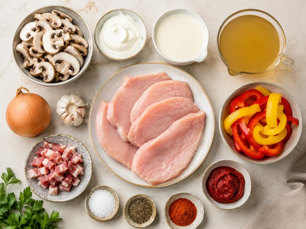 Zutaten für Fleisch im Backofen mit Putenfleisch, Paprika, Champignons, Schmand, Sahne, Speck und Gewürzen
