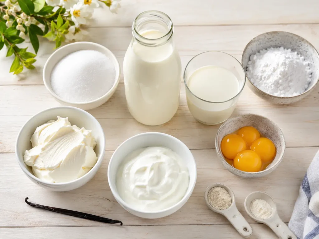 Zutaten für cremiges Eis mit Sahne Zucker Eigelb und Vanille