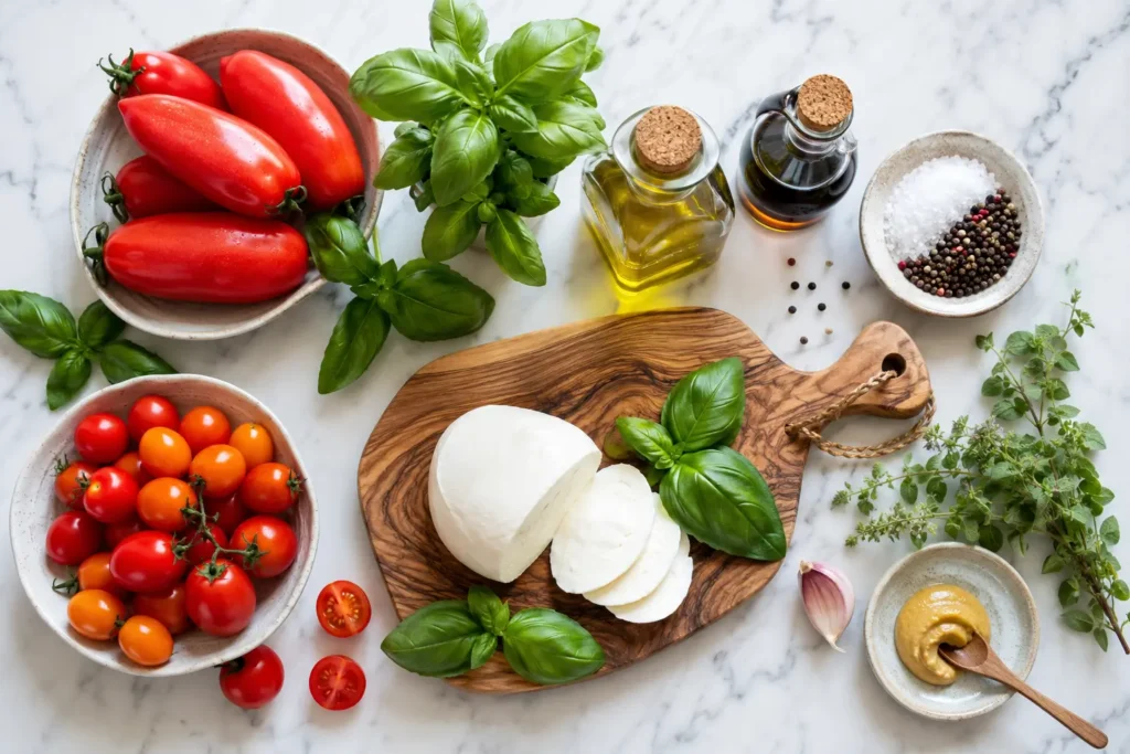 Zutaten für italienischen Tomaten Mozzarella Salat mit Tomaten, Mozzarella, Basilikum, Olivenöl und Balsamico