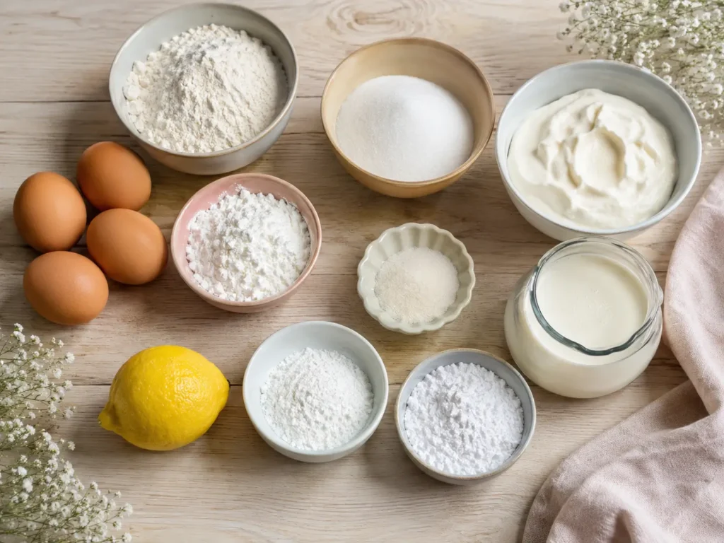 Zutaten für Käsesahnetorte ohne Gelatine mit Quark Sahne Zitrone und Biskuit