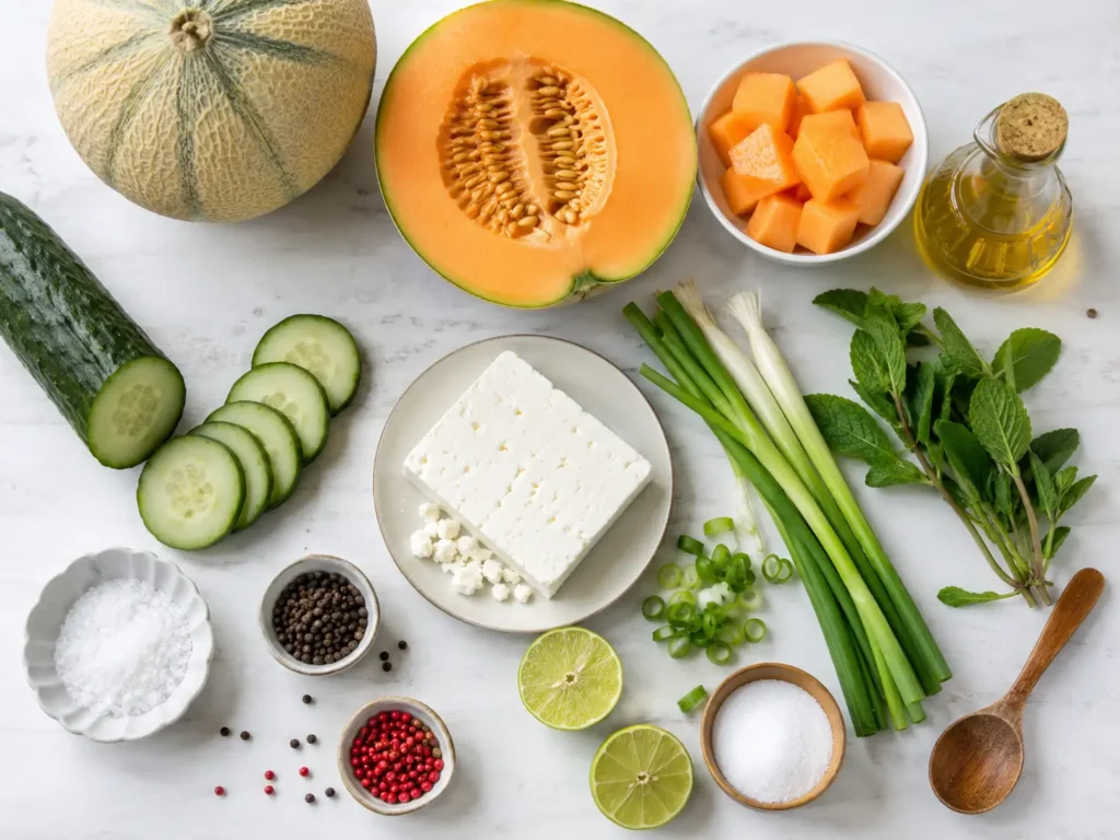 Zutaten für Melonensalat mit Feta mit Cantaloupe-Melone, Gurke, Feta, Limette und Minze