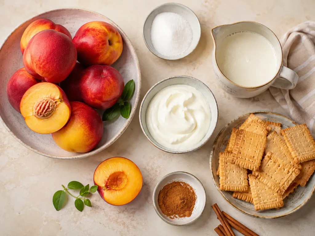 Zutaten für Nektarinen Dessert mit frischen Nektarinen, Joghurt, Sahne, Vanillezucker, Keksen und Zimt
