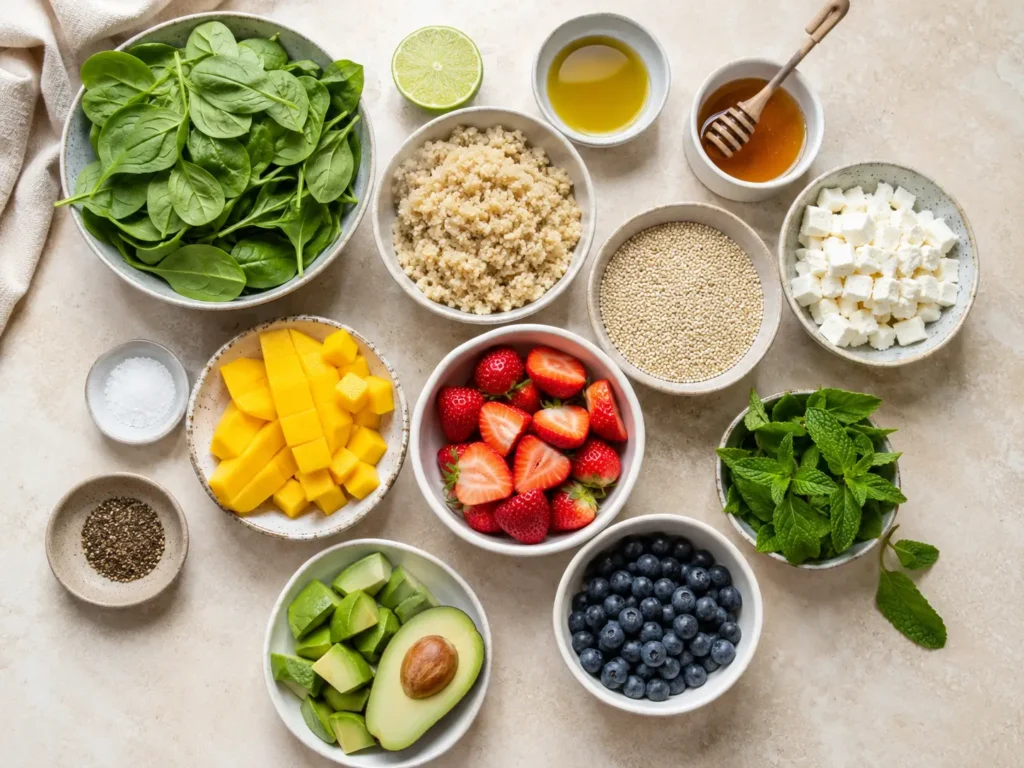Zutaten für Salat mit Früchten mit Quinoa, Mango, Erdbeeren, Heidelbeeren, Avocado, Feta und Babyspinat