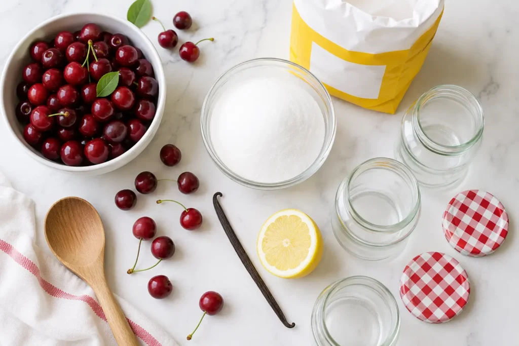 Sauerkirschmarmelade mit Gelierzucker 2 zu 1 Zutaten mit Zitrone und Vanille