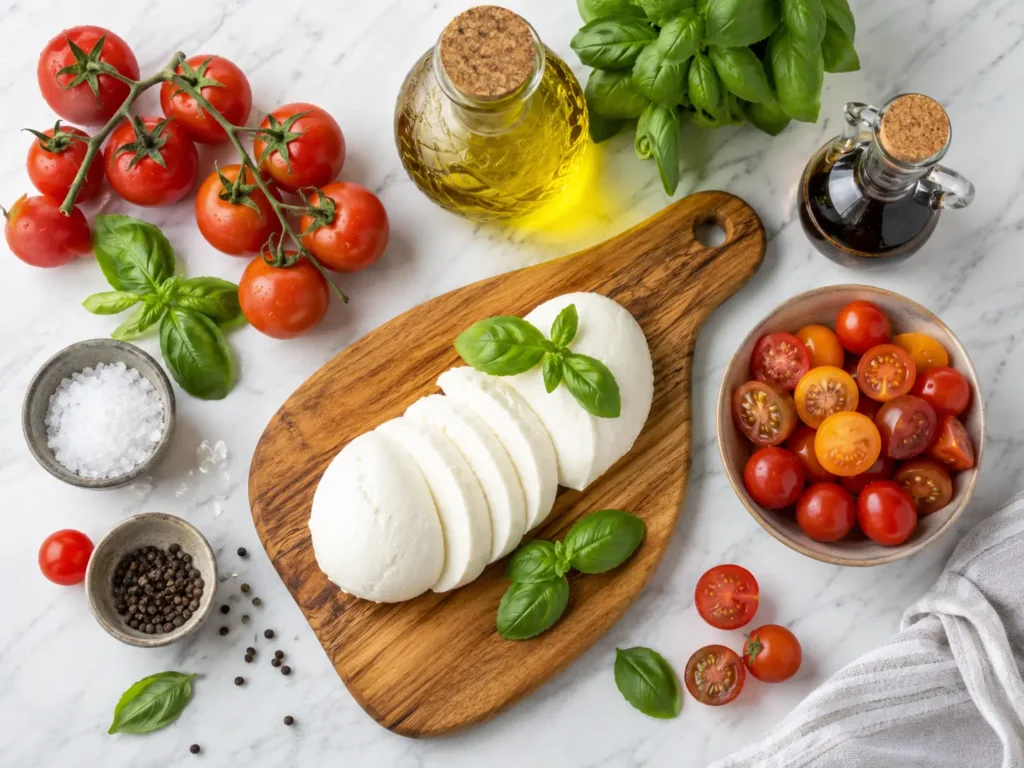 Zutaten für Tomaten Mozzarella Salat mit Tomaten, Mozzarella, Basilikum, Olivenöl und Balsamico