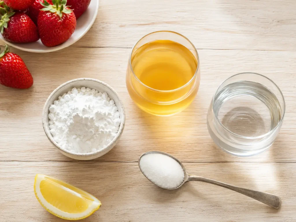 Zutaten für Tortenguss ohne Gelatine mit Speisestärke Apfelsaft Wasser und Zucker