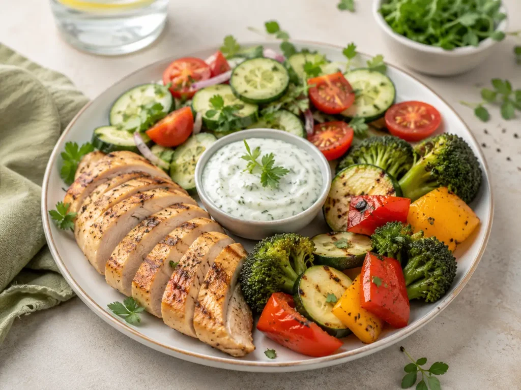 Abendessen wenig Kalorien mit Hähnchen, Gemüse, Salat und Joghurt-Dip