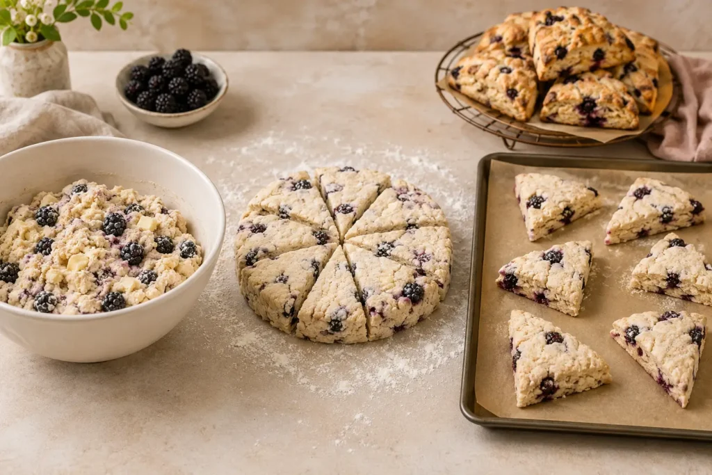 Brombeer-Scone-Teig als Scheibe geformt, in Dreiecke geschnitten und auf einem Backblech verteilt