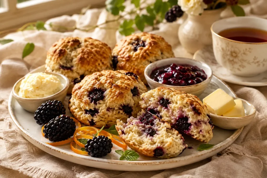 Warme Brombeer-Scones mit Clotted Cream, Brombeermarmelade und einer Tasse Tee