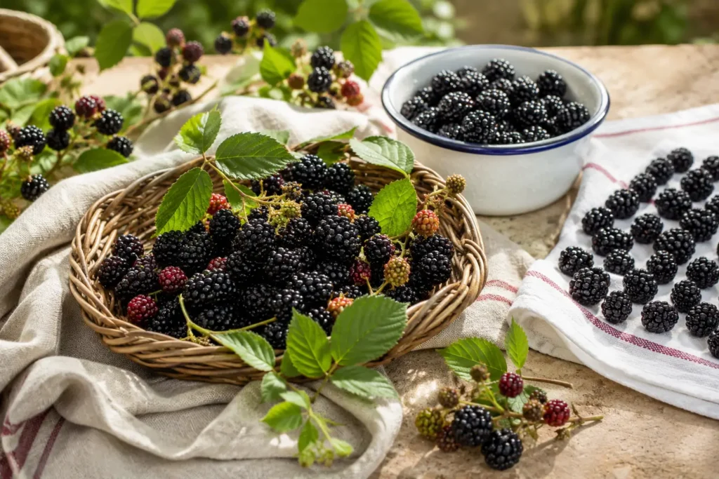 Reife frische Brombeeren im Korb und gewaschene Brombeeren zum Trocknen auf einem Küchentuch