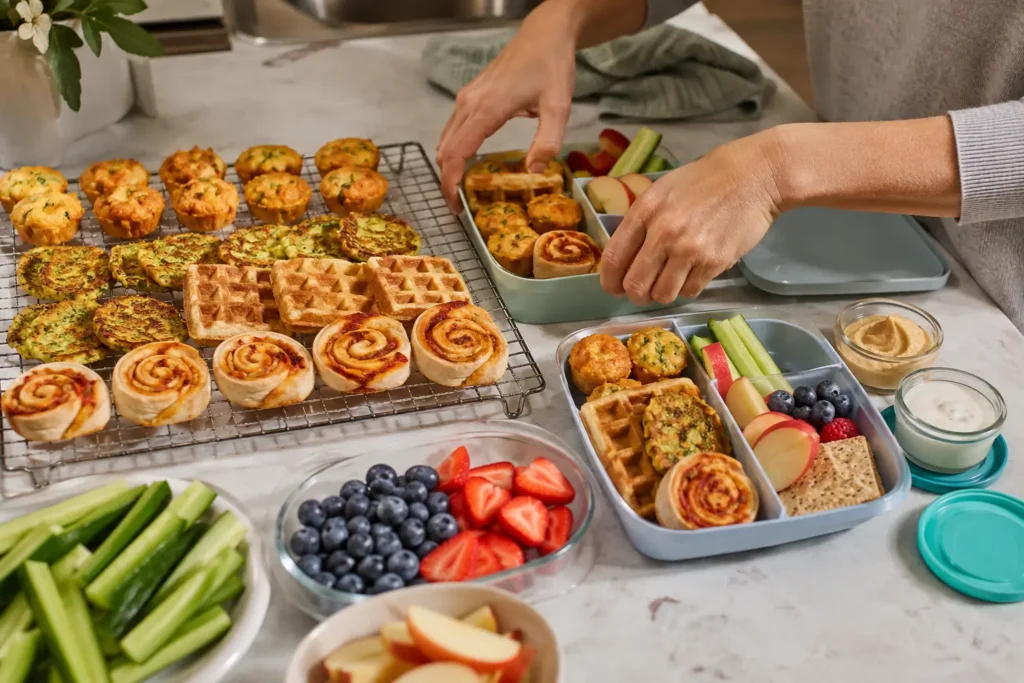 Brotdose am Vorabend vorbereiten mit Muffins, Waffeln und Zucchinipuffern