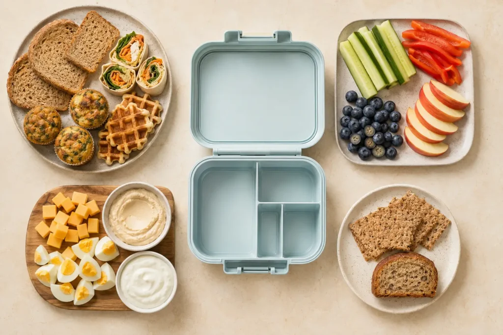 Brotdosen-Baukasten mit Vollkornbrot, Obst, Gemüse, Käse und Hummus