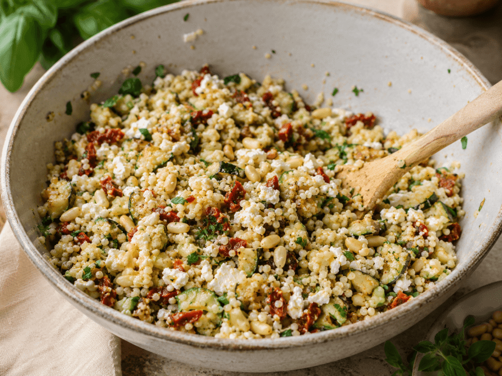 Couscous Feta Füllung mit getrockneten Tomaten und Kräutern für gefüllte Zucchini
