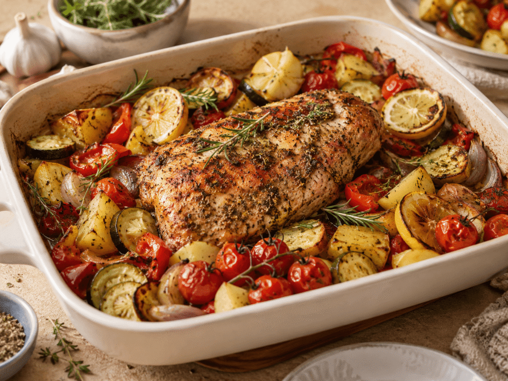 Fleisch im Backofen mediterran mit Paprika, Tomaten, Zucchini, Kartoffeln, Rosmarin und Olivenöl