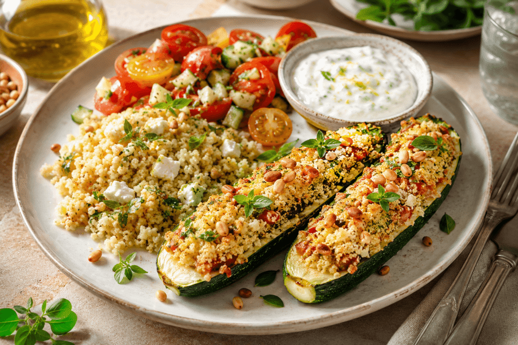 Gefüllte Zucchini mit Feta und Couscous serviert mit Joghurt Dip und Tomatensalat
