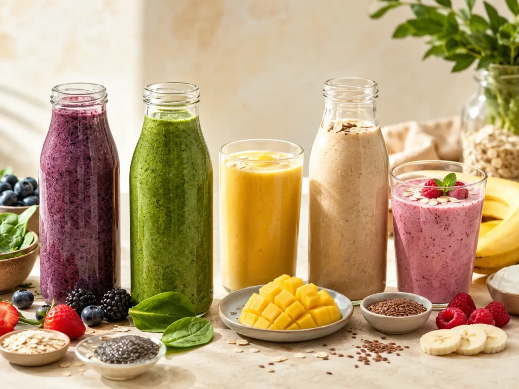 gesunde Frühstücks Smoothies mit Beeren, Skyr, Haferflocken und Banane