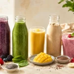 gesunde Frühstücks Smoothies mit Beeren, Skyr, Haferflocken und Banane