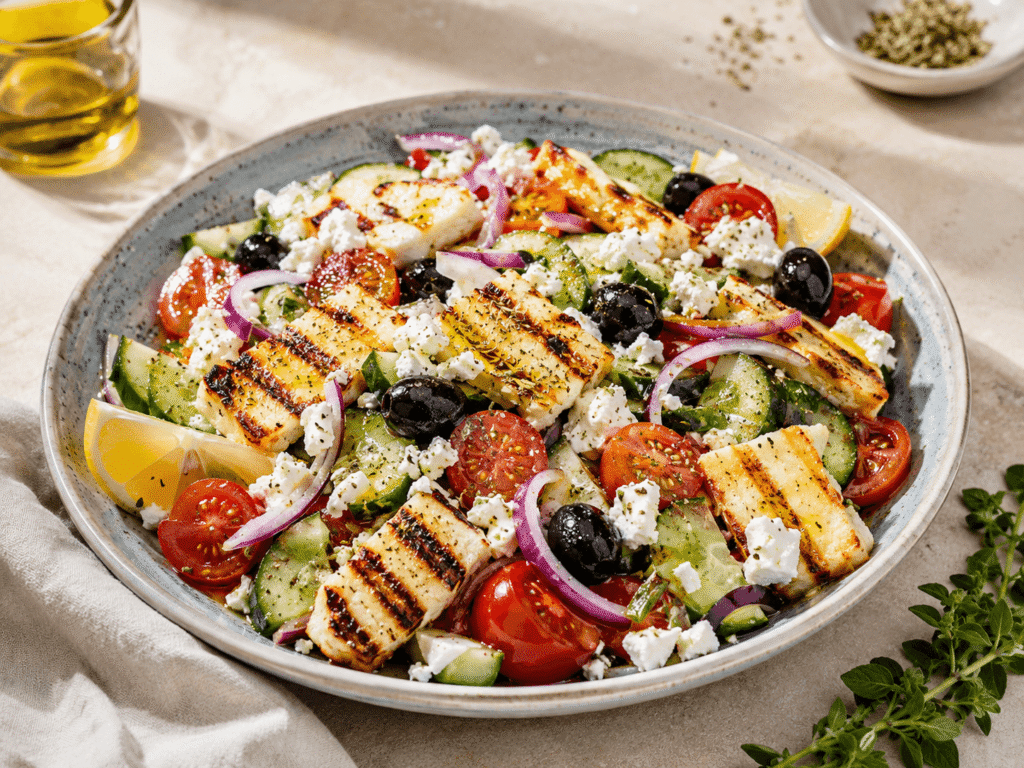 Griechische mediterrane Rezepte mit Feta, Oliven, Halloumi, Tomaten, Gurken und Oregano