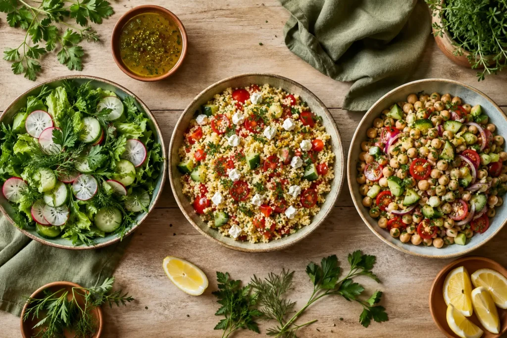 Grüner Salat, Couscous-Salat und veganer Kichererbsensalat