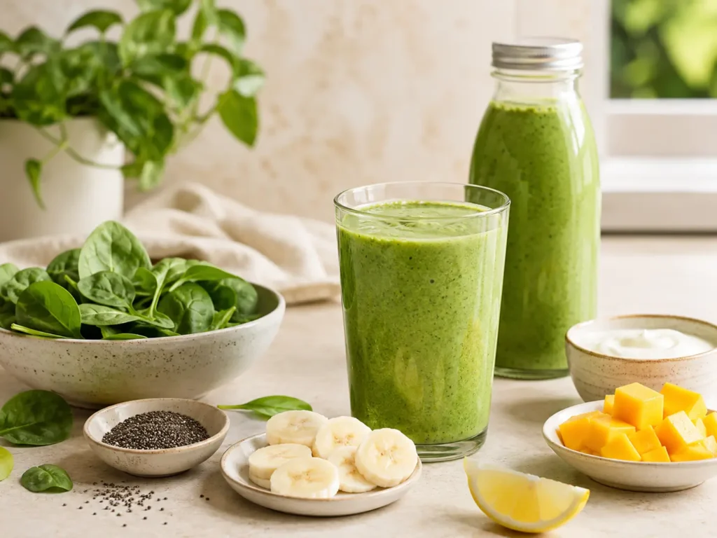 grüner Frühstücks Smoothie mit Spinat Banane Joghurt und Chiasamen