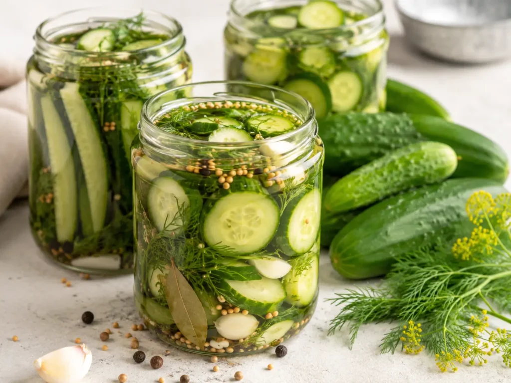 Gurken einlegen ohne Kochen mit Dill, Senfkörnern und kaltem Essigsud im Glas