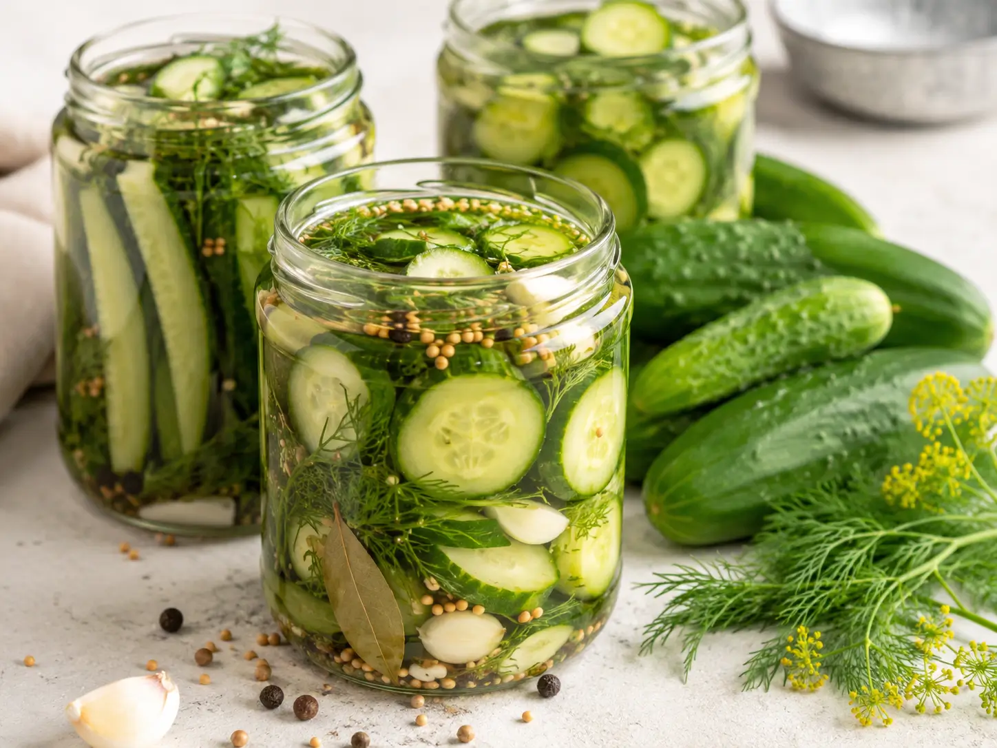 Gurken einlegen ohne Kochen mit Dill, Senfkörnern und kaltem Essigsud im Glas