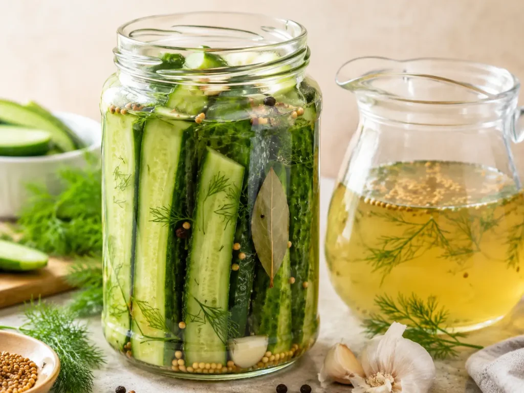 Gurken im Schraubglas mit Dill, Senfkörnern, Pfefferkörnern und Knoblauch