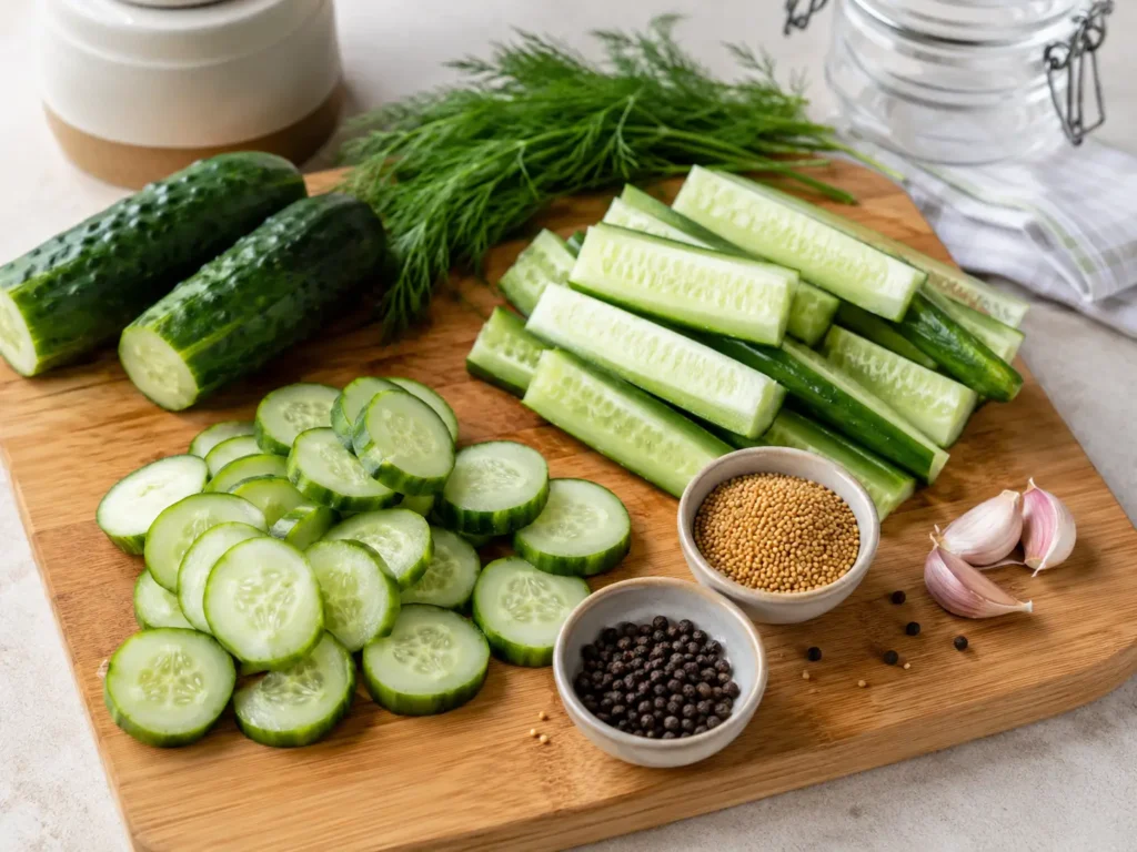Frische Gurken in Scheiben und Sticks geschnitten zum Einlegen ohne Kochen