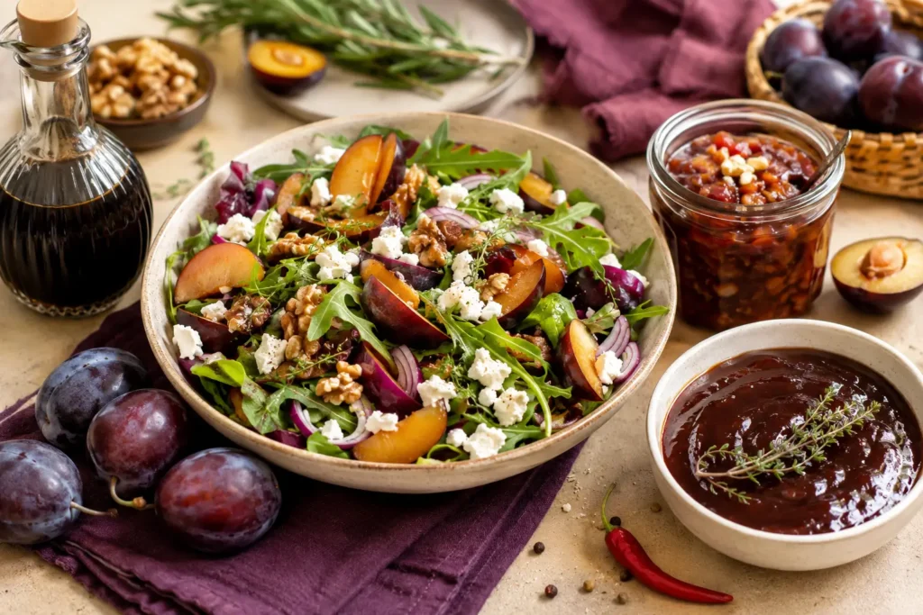 Pflaumen-Feta-Salat mit Walnüssen, Pflaumen-Chutney und pikante Pflaumensauce