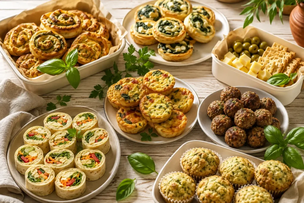Pizzaschnecken, Mini-Quiches, herzhafte Muffins und Wrap-Röllchen