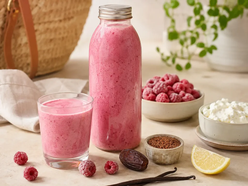 Himbeer Quark Smoothie zum Mitnehmen mit Leinsamen und Dattel
