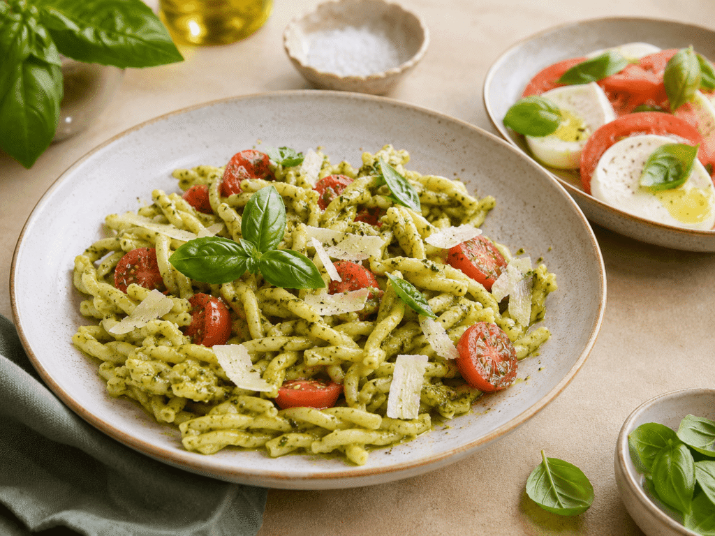 Italienische mediterrane Rezepte mit Pasta, Pesto, Tomaten, Mozzarella, Basilikum und Olivenöl
