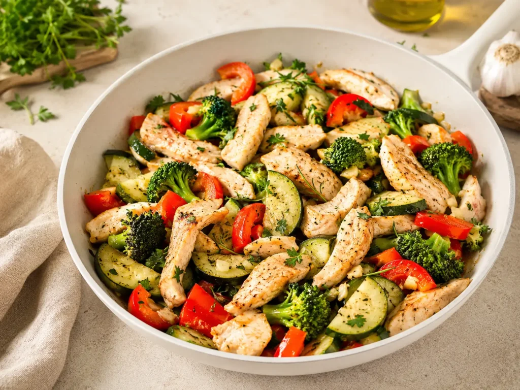 Kalorienarme Hähnchen Gemüsepfanne mit Brokkoli Zucchini und Paprika