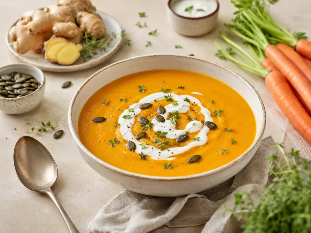 Kalorienarme Suppe zum Abendessen mit Kürbis Karotten Ingwer und Joghurt