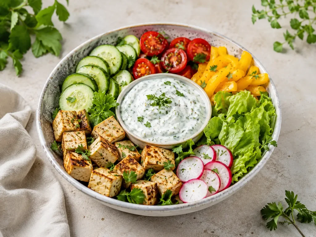 Kalorienarme vegetarische Bowl mit Gurke Tomaten Paprika Tofu und Kräuterquark