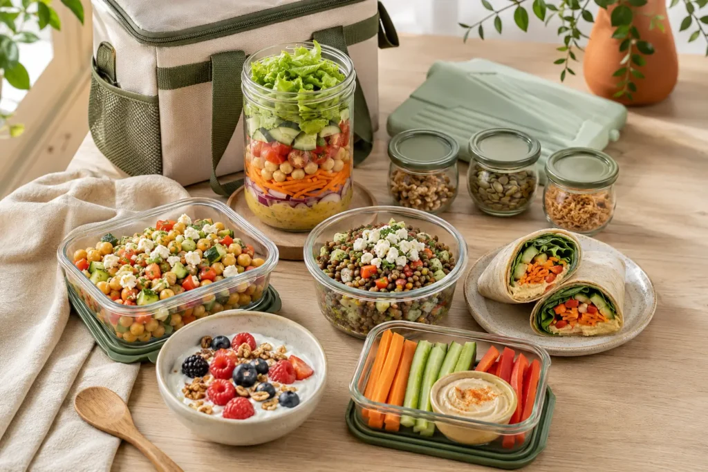 Vorbereitete kalte Bürogerichte mit Salat im Glas, Wrap und separatem Dressing