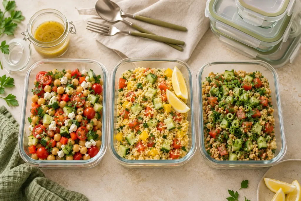 Kichererbsensalat, Couscous-Salat und Bulgur-Salat als kalter Büro-Lunch