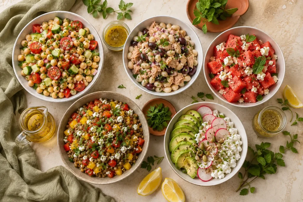 Kalte Salate mit Kichererbsen, Bohnen, Linsen, Feta und frischem Gemüse