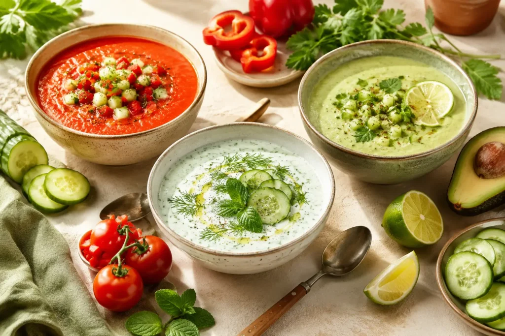 Gazpacho, kalte Gurkensuppe und Avocado-Gurken-Suppe in drei Schalen