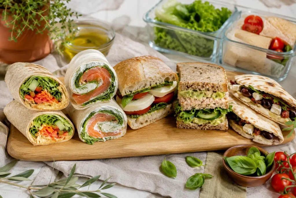 Hummus-Wrap, Lachswrap und Sandwiches mit frischem Gemüse und Käse