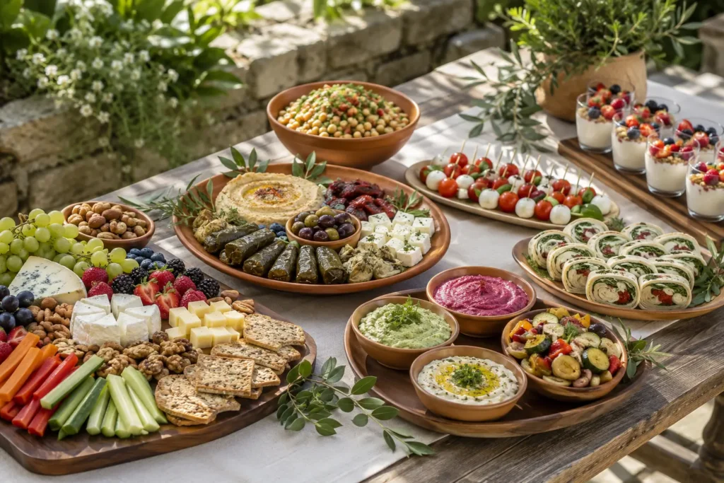 Kaltes Buffet mit Snackboard, Mezze, Wraps, Salaten, Dips und Desserts