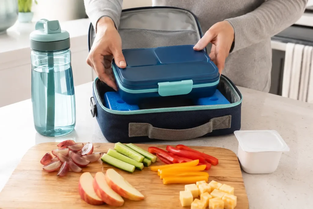 Kinder-Lunchbox mit Kühlakku und altersgerecht geschnittenem Obst und Gemüse