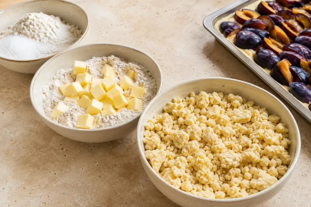 Große knusprige Butterstreusel aus Dinkelmehl, Zucker und Butter