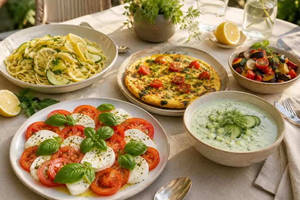 Leichtes Abendessen bei Hitze mit Gurkensuppe, Zitronenpasta und Tomaten-Mozzarella