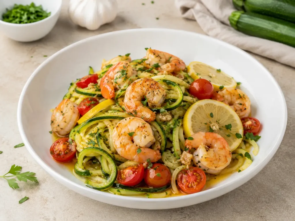 Low Carb Abendessen mit Garnelen Zucchini Tomaten und leichter Zitronensauce