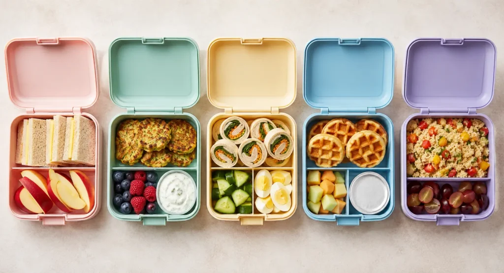 Lunchbox Wochenplan für Kinder mit fünf Brotdosen für Kita und Schule
