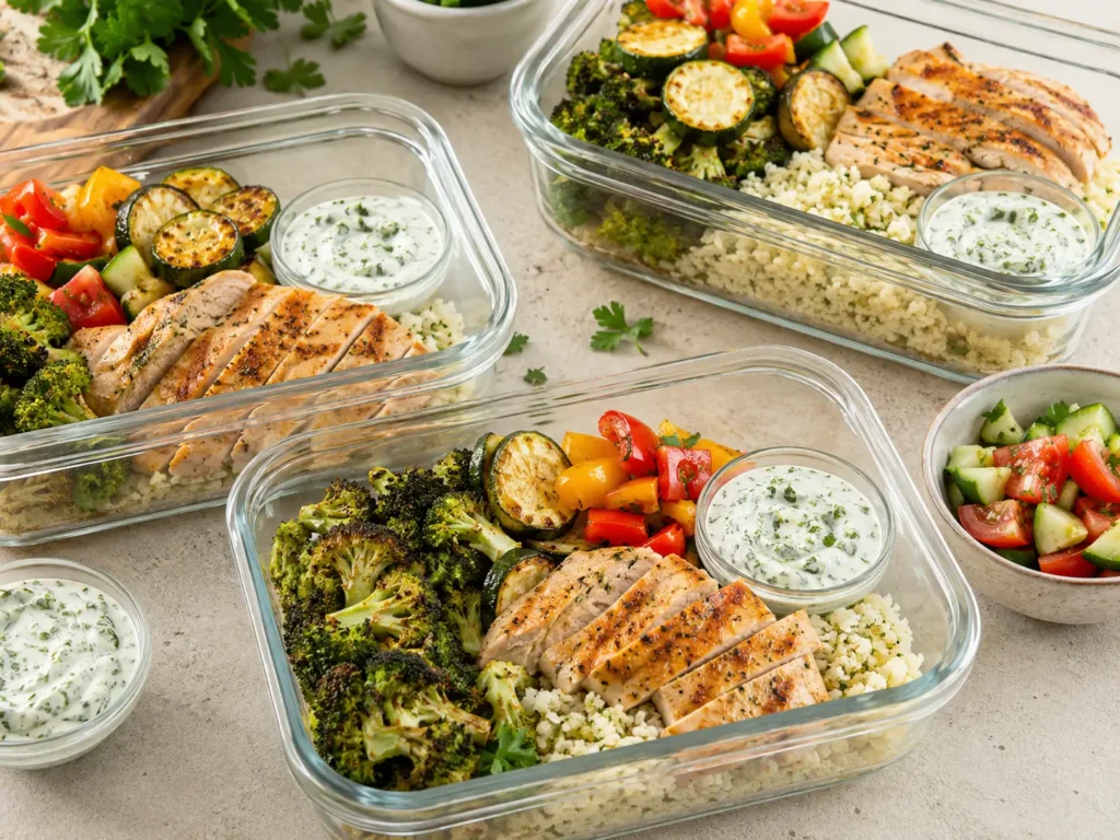 Meal Prep Abendessen mit wenig Kalorien Hähnchen Gemüse Salat und Quarkdip